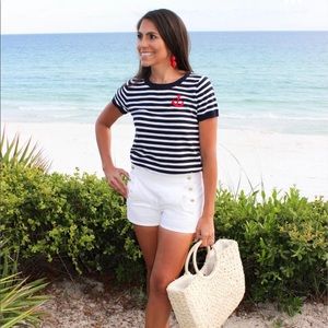 Ann Taylor Loft Large Navy Nautical Striped Anchor Short Sleeved Sweater Shirt